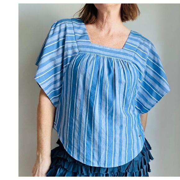 Tommy Hilfiger Women's Blouse Size XS Bohoemian Beachy Blue Striped Flowy - Picture 1 of 9